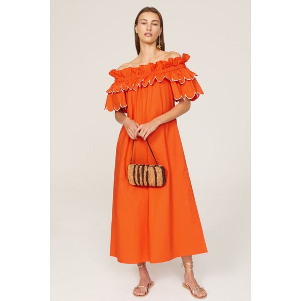 Orange cotton (100% Cotton). Shift. Short sleeves. Off the shoulder. Pull on. 48" from bust to hemline. Imported. Breakfast Dress, Orange Breakfast, Relaxed Dress, Rent The Runway, Closet Designs, Retro Vibe, Large Size Dresses, New Look, Off The Shoulder