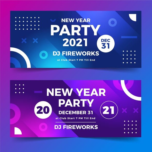 two new year's eve party banners with geometric shapes on purple and blue background