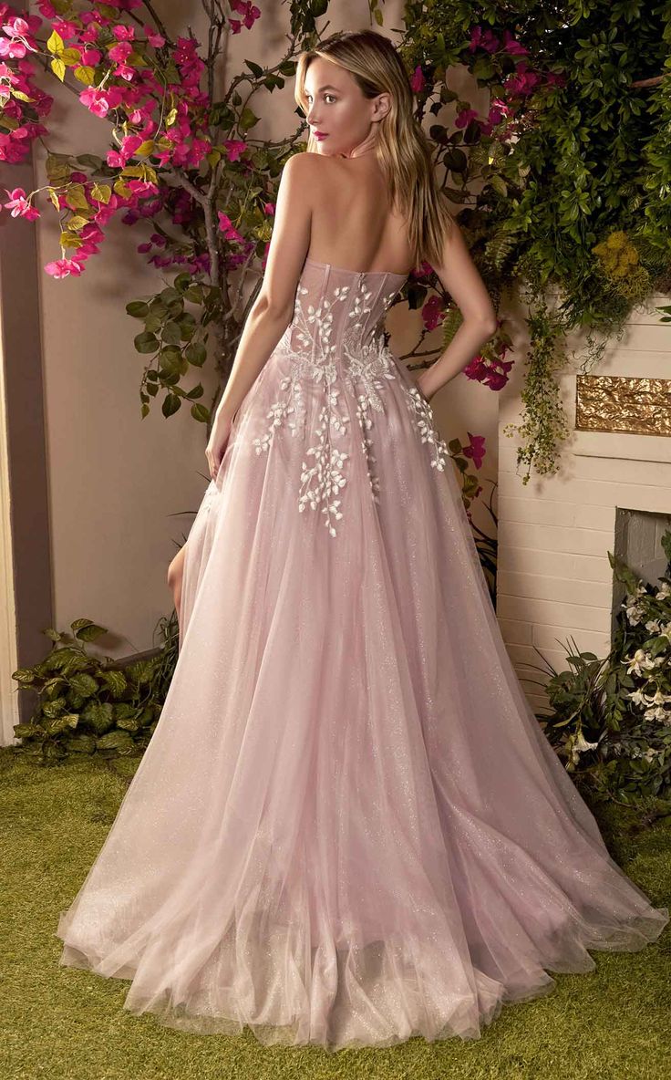 Lovely long Dress by Andrea and LeoLook absolutely dazzling in Andrea and Leo A1029 Dress. This lovely piece features a a-line silhouette and glittering accents. The sleeveless bodice has a strapless neckline and a natural waist. Applique Corset, Mauve Gown, Andrea And Leo, Pictures Graduation, Prom Photoshoot, Corset Gown, Tulle Balls, Corset Dress Prom, Strapless Sweetheart Neckline