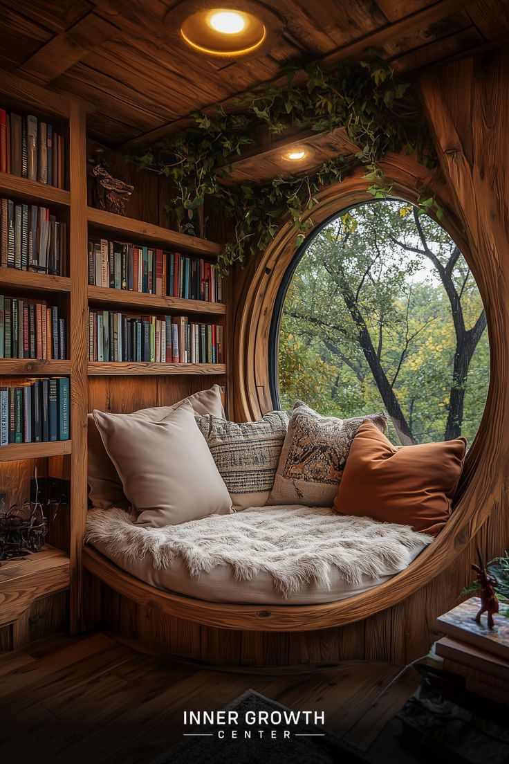 Cozy wooden reading nook with circular window overlooking trees, surrounded by bookshelves and adorned with plants. Home Library With Spiral Staircase, Circle Window Reading Nook, Tiny Nooks Spaces, Hobbit Reading Nook, Book Bay Window, Bookshelf Surrounding Bed, Glass Reading Room, Book Chair Diy, Home Reading Area