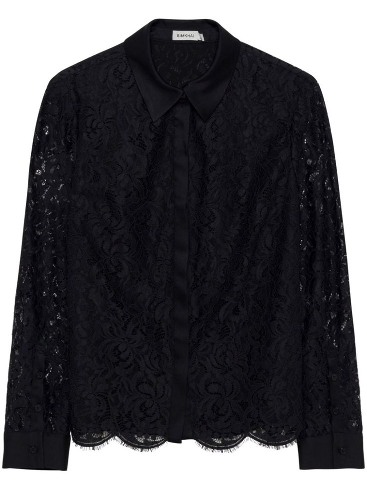 black sheer lace overlay classic collar concealed front fastening long sleeves buttoned-cuff sleeves scallop hem Scallop Hem, Yoko London, Exclusive Fashion, Lace Overlay, Lady Dior, Cuff Sleeves, Sheer Lace, Jacket Tops, Denim Dress