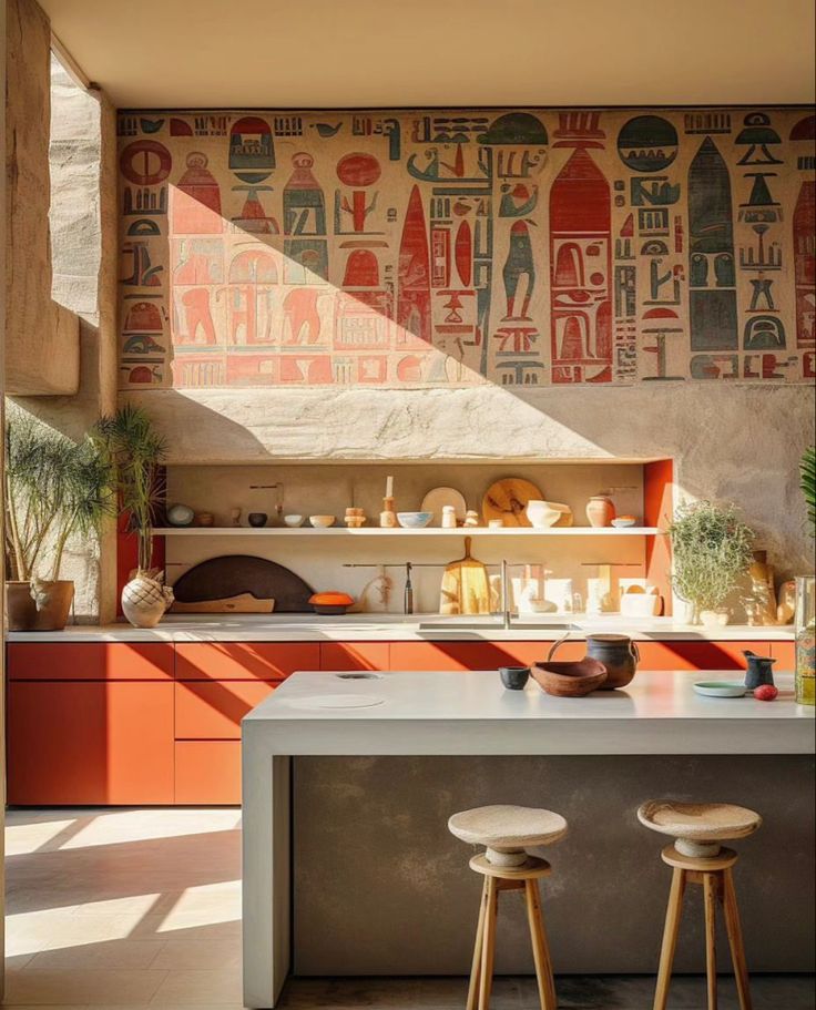 a kitchen with two stools in front of the counter and an egyptian mural on the wall