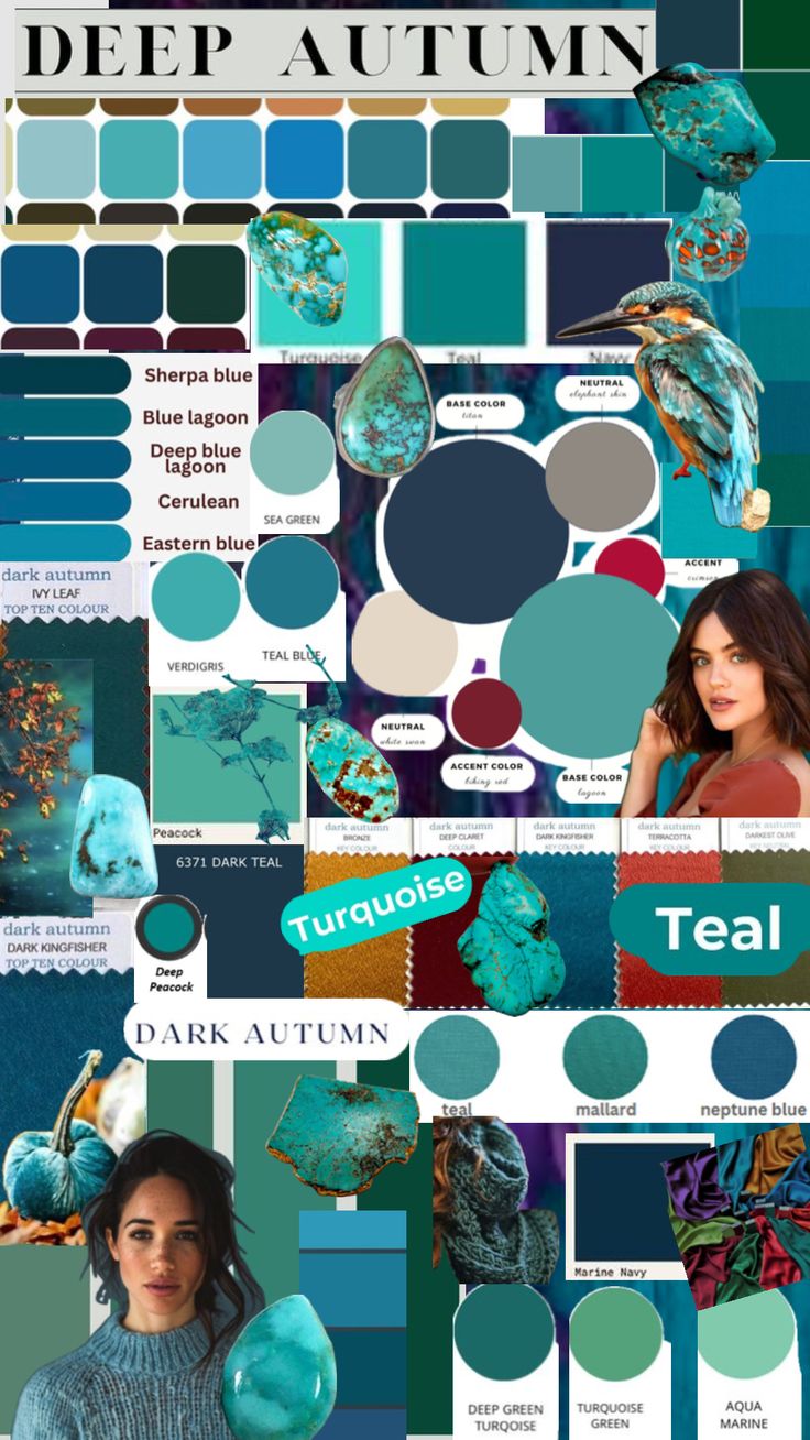 a collage of blue and green colors with the words deep autumn on it in white