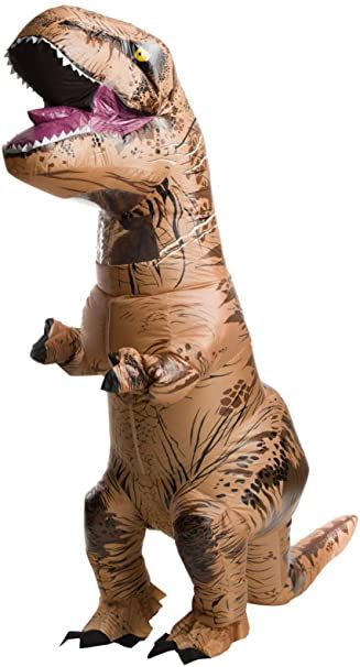 an inflatable dinosaur costume is shown with its mouth open