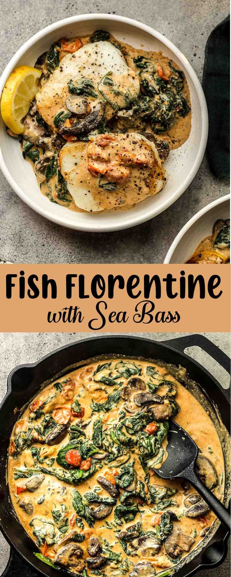 fish florentine with sea bass in a skillet and lemon wedges