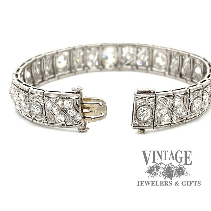 This sparkling vintage, circa 1900's, Edwardian diamond link bracelet is masterfully crafted in platinum. The bracelet contains ten large center diamonds, the center of which is an Old Mine Cut (OMC), flanked by the other nine larger Old European Cut (OEC) diamonds. The center OMC diamond is approx 1.35 carats and is an H color VS1 clarity. The two larger of the flanking diamonds are approximately 3/4 carats each, while the remaining 7 larger diamonds are approximately 1/4 carat each. Finally, e Art Deco Diamond, High Jewelry, Tiffany & Co., Lalique, Link Bracelets, Diamond Cuts, Silver Bracelet, Platinum, Two By Two