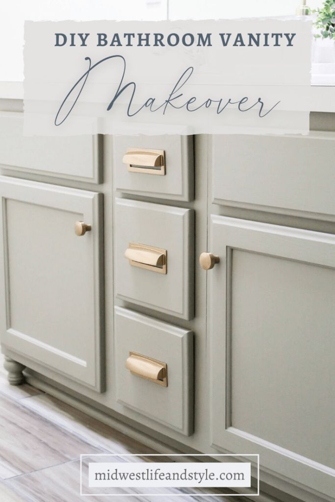 bathroom vanity makeover with gold handles and drawers