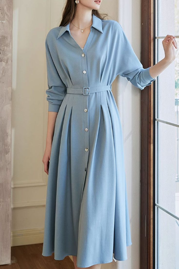 Blue Long Sleeve Midi Dress For Spring, Long Sleeve Midi Dress With Buttons For Semi-formal Occasions, Solid Color Long Sleeve Midi Dress With Buttons, Classic Long Sleeve Dresses, Chic Blue Long Sleeve Dress For Spring, Blue Long Sleeve Knee-length Dress For Spring, Blue Belted Button-up Dress, Solid Long Sleeve Midi Dress For Semi-formal Occasions, Light Blue Long Sleeve Midi Dress For Summer