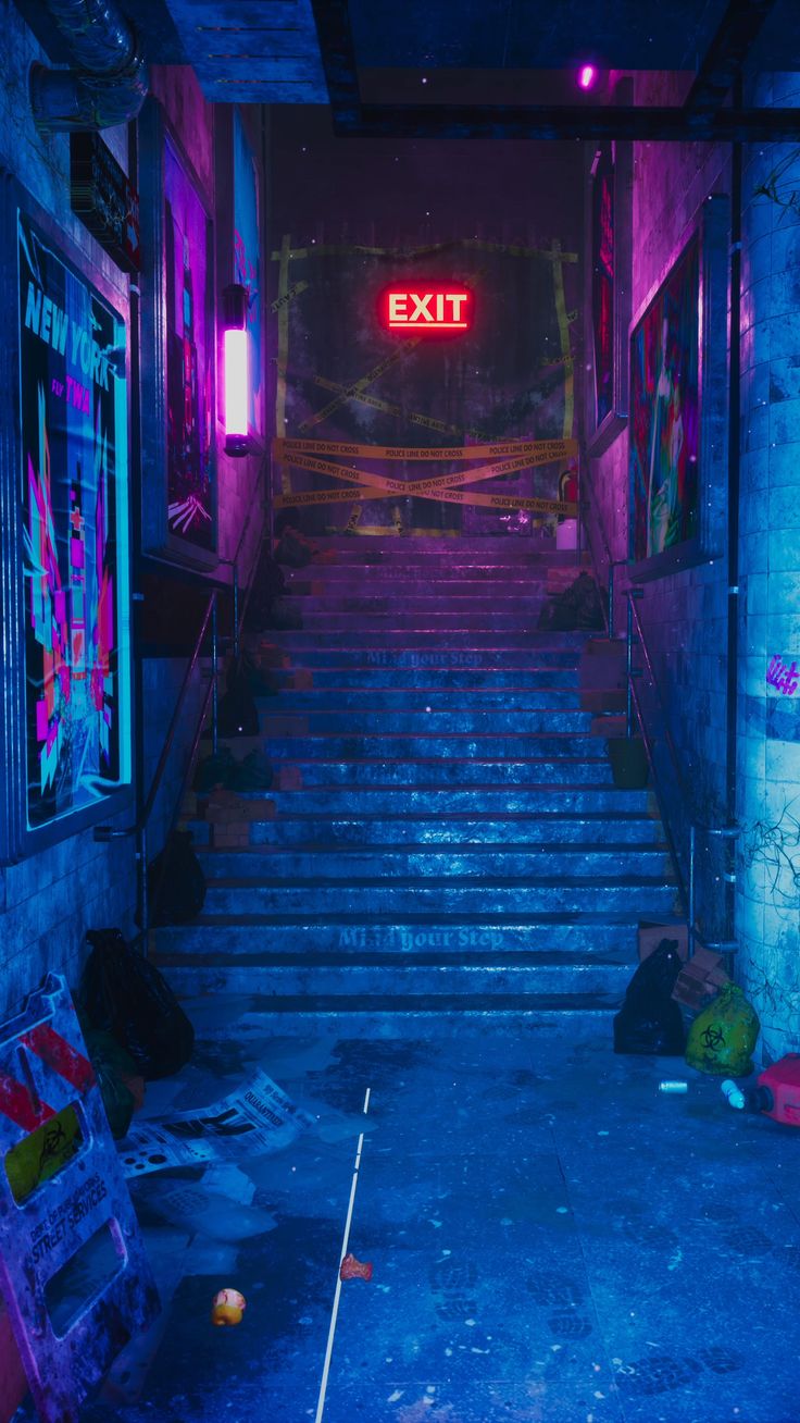 an exit sign is lit up above the stairs in a dark alleyway with trash strewn on the ground