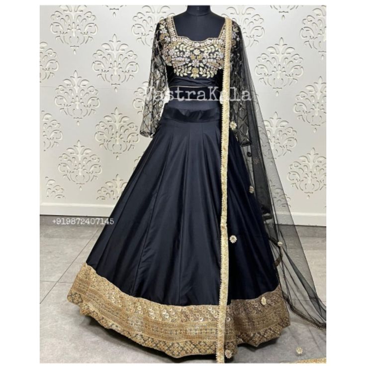 Black And Gold Embroidery Picture Is 2 Pieces But I Had It Stitched To One Long Maxi Flowy Gown Long Net Sleeves Size 40 And Adjustable I'm 5'8 Without Heels Bollywood Indian Pakistani Eid Black Floor-length Dress With Pallu Detail, Black Floor-length Dress With Pallu, Black Gown With Dabka Work For Reception, Festive Black Semi-stitched Sharara, Traditional Black Dola Silk Lehenga, Semi-stitched Black Gown For Eid, Black Lehenga With Dabka Work For Festive Occasions, Black Semi-stitched Sharara For Diwali, Bollywood Style Black Sharara For Festive Occasions