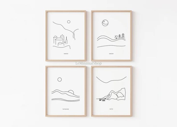 four framed drawings on a white wall in three different frames, each with a single line drawing