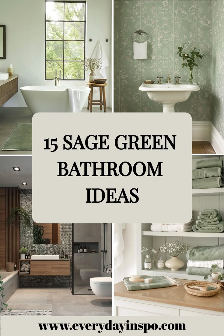 green bathroom decor with text overlay that reads 15 sage green bathroom ideas