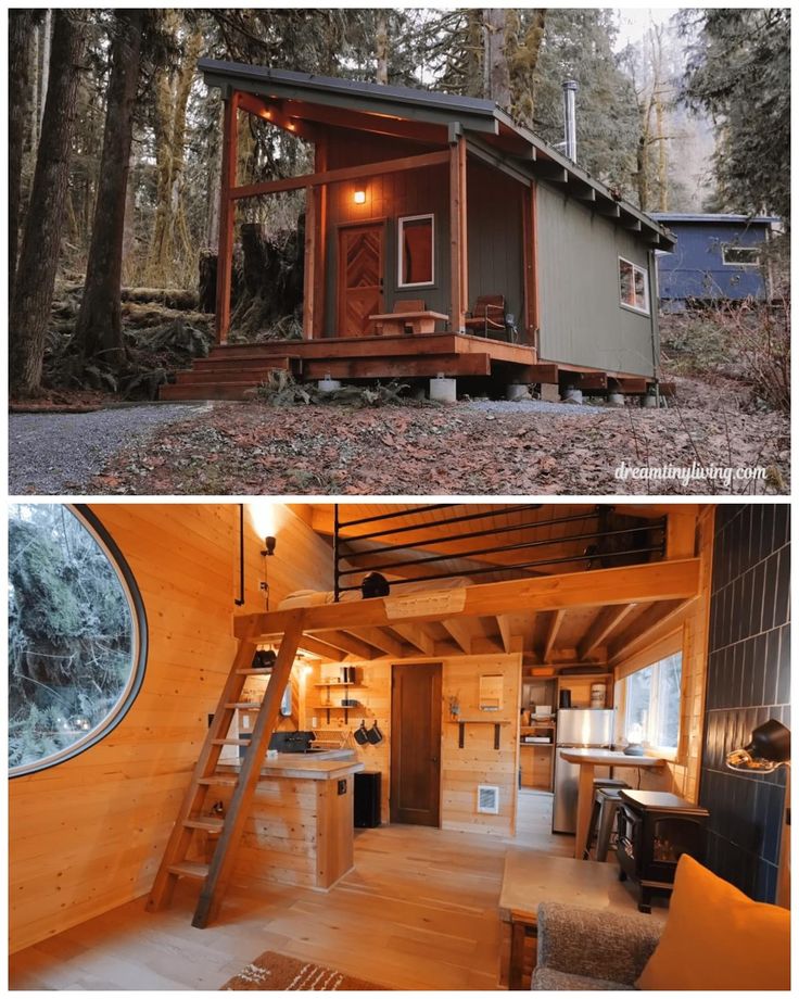 two pictures side by side one has a small cabin and the other has a loft