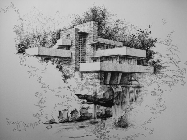 a drawing of a house with trees and water in the foreground, on a white background