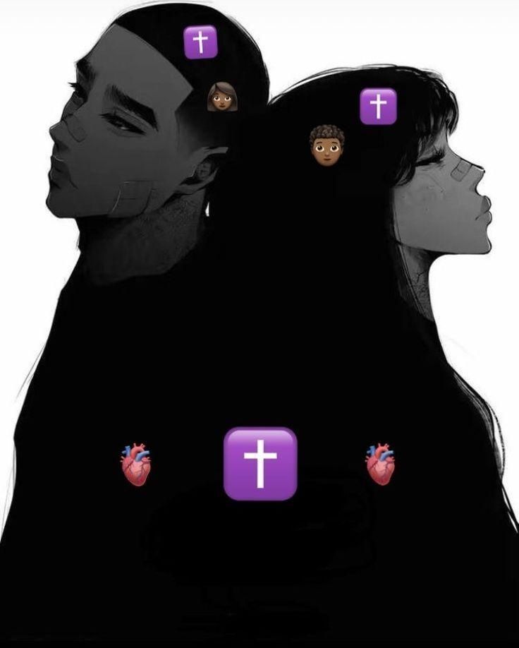 the silhouettes of two people with cross and heart symbols on their heads are shown