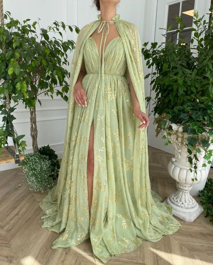 Summer Vine Capelet Gown | Teuta Matoshi Royal Dress Aesthetic, Asgardian Dress, Ethereal Gowns, Summer Vine, Teuta Matoshi, Light Green Dress, Quinceñera Dresses, Royal Dresses, Aesthetic Green