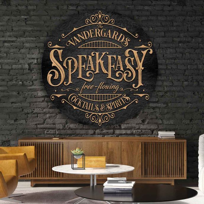 a black brick wall with an advertisement for speakeasy on it