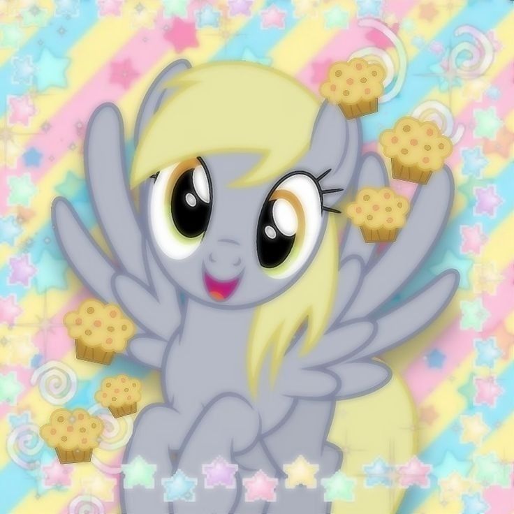 a little pony with some cookies in her hand and eyes wide open, on a colorful background