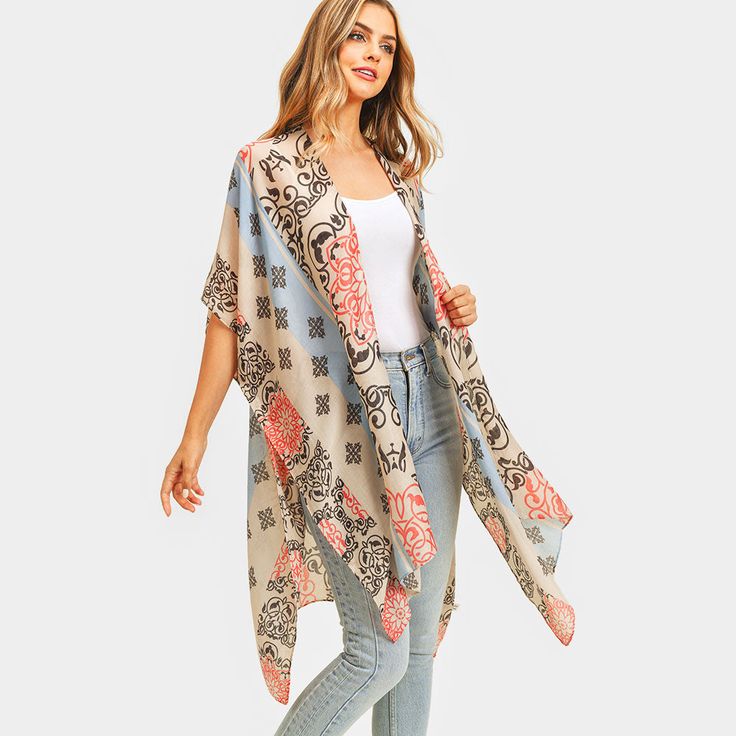 Size : 35" X 35" Material : 100% Polyester Cover Up Kimono, Vacation Birthday, Holiday Attire, Bohemian Pattern, Travel Shopping, Color Coral, Wife Gift, Coral Blue, Color Swatch