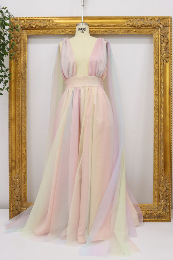 a dress hanging on a hanger in front of a gold frame with a plant