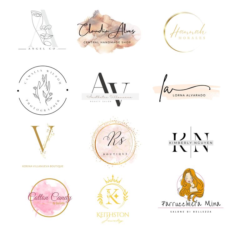 the logos for different types of cosmetics and hair products are shown in gold, white, and pink colors