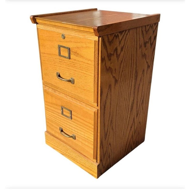 a wooden file cabinet with two drawers on one side and an open drawer on the other