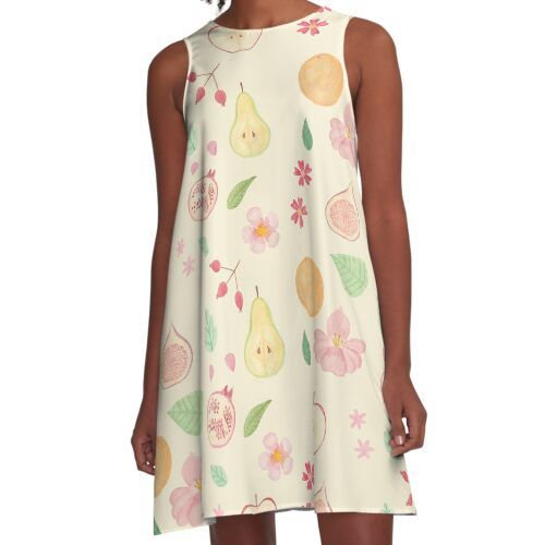 Loose-fit, mid-length sleeveless dress with silky handfeel. Printed on both sides. Machine washable. Size range XS-2XL. a watercolour illustrated pattern of fruit and flowers Casual Sleeveless Fruit Print Dresses, White Summer Dress With Digital Print, White Digital Print Dress For Summer, Sleeveless White Dress With Fruit Print, White Dresses With Digital Print For Summer, Multicolor Digital Print Sleeveless Dress, Multicolor Sleeveless Dress With Digital Print, Spring White Digital Print Dress, White Digital Print Dress For Spring