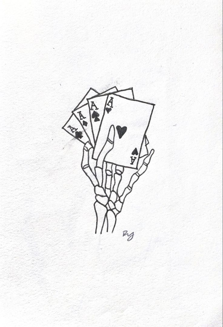 a drawing of playing cards in the air with one hand holding them up to their head