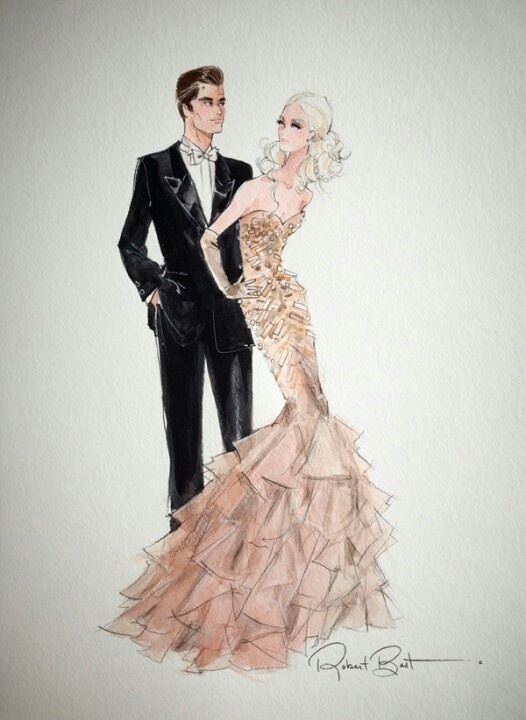 a drawing of a man and woman in formal wear