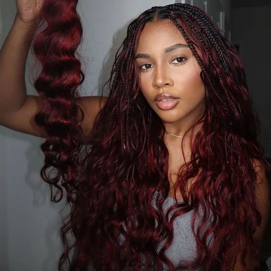 Shop Bulk Human Braiding Hair - Create Your Fashion Braids – Ywigs Festival Hair For Black Women, Burgundy Hair With Tinsel, 99 J Hair Color, Wedding Halo Braid, Serena Page Braids, Different Size Braids, 1b/burgundy Braids, Color 33 And 350 Box Braids, Boho Braids Outfit