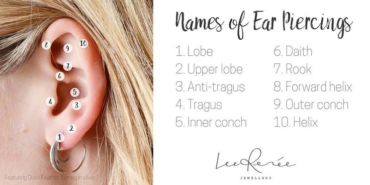 the names of ear piercings are shown in three different styles and sizes, along with an image of a woman's ear