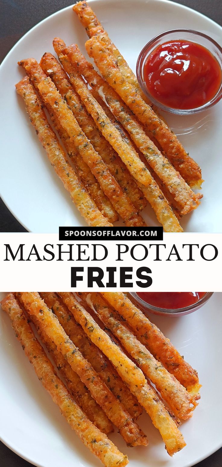 Crispy mashed potato sticks served on a white plate. Food Recipes French Fries, Snacks Made From Potatoes, Smothered French Fries, Mashed Potato Chips, Mash Potato Fries, Loaded Potato Fries, Homemade Fries Recipe, Mashed Potato French Fries Recipe, Mashed Potato Fries Recipe