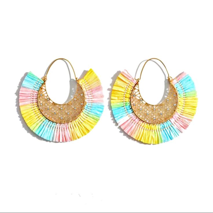 Gold Threader Earrings Featuring Cubic Zirconia Details And Raffia Accents. Lots Of Sparkle And Shine. - Approximately 2.5" In Diameter Multicolor Tassel Earrings For Beach In Spring, Pink Bohemian Earrings For Vacation, Multicolor Beach Earrings For Spring, Rainbow Earrings For Beach And Summer, Multicolor Hoop Earrings For Summer Beach, Summer Beach Multicolor Hoop Earrings, Rainbow Jewelry For Beach In Spring, Colorful Bohemian Hoop Earrings For Party, Pink Hoop Earrings For The Beach