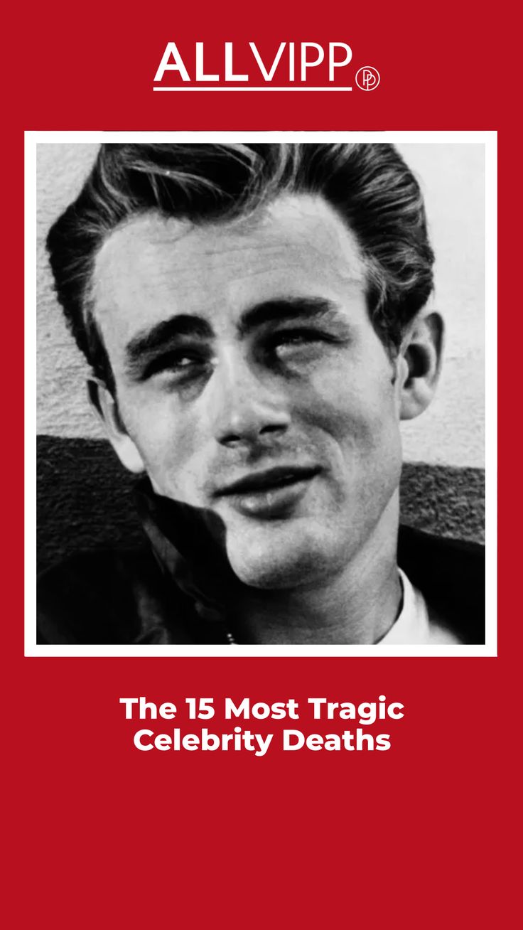 an advertisement for the 13th most tragic celebrity deaths, featuring a man in a suit and tie