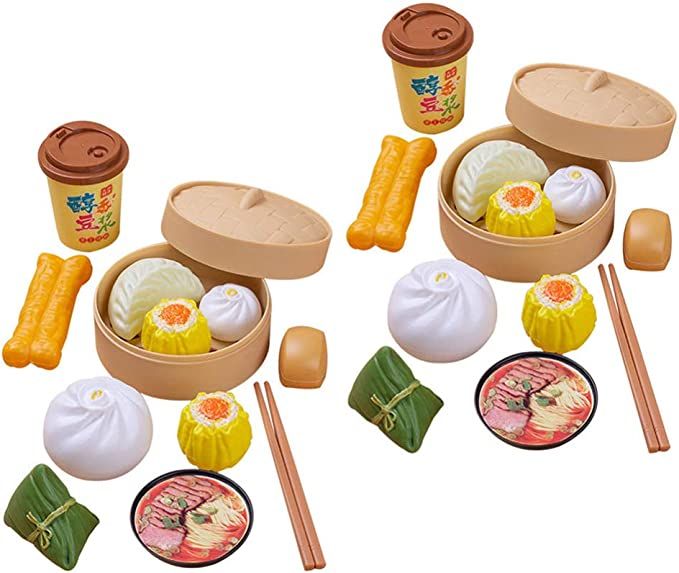 an assortment of food items displayed on a white background with chopsticks and saucers