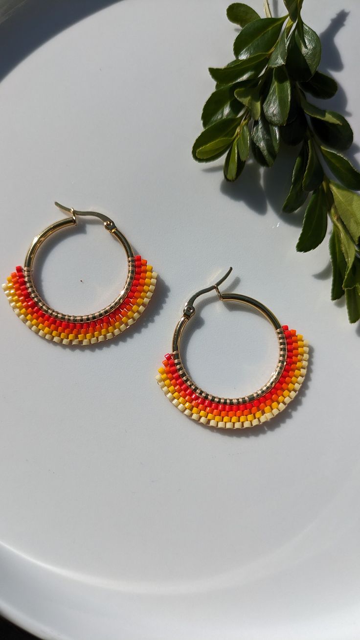 gold plated earring with Miyuki beads, hand knitted Miyuki beads are made of high quality glass Orange Earrings, Miyuki Beads, Gold Plated Earrings, Jewelry Earrings Hoops, Hand Knitting, Gold Earrings, Gold Plate, Handmade Items, Hoop Earrings