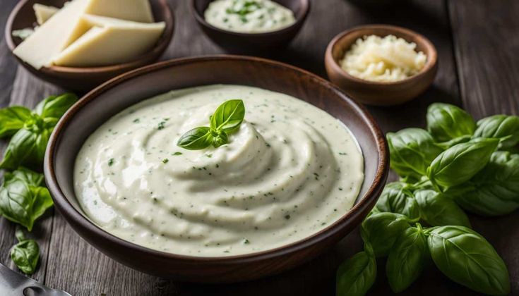 a bowl filled with white sauce next to some cheese and green leaves on the table