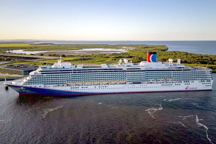 a large cruise ship in the middle of water near an island with trees and grass