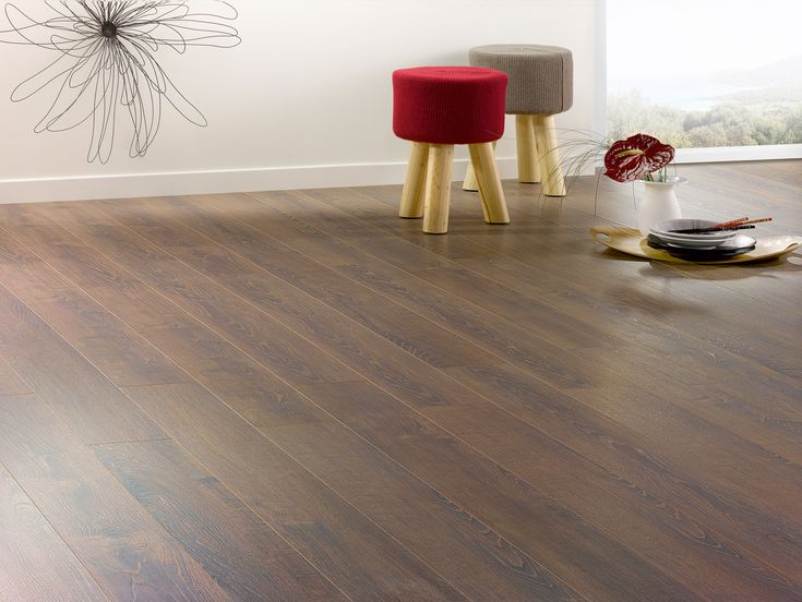 a living room with wooden floors and two stools