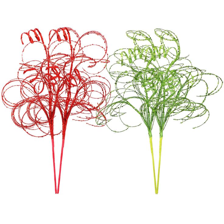 two red and one green wire flowers on a white background