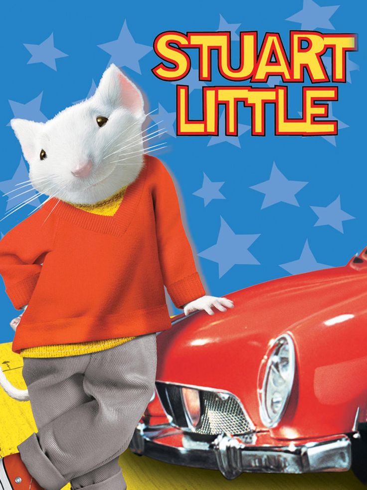 a white cat standing next to a red car on a blue and yellow background with the words stuart little