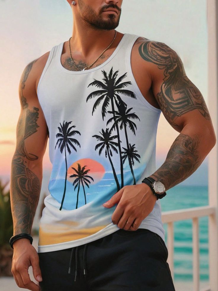 Multicolor  Collar sin mangas Tela tejida Color combinado,Liso,Plantas,Estampado Integral  Embellished Elástico Ligero Casual Sleeveless Muscle Tee For Summer, White Racerback Tank Top For Summer, White Summer Racerback Tank Top, Sleeveless Muscle Tee For Beach In Spring, White Sleeveless Summer Vest, Casual Beach Muscle Tank Tee, Casual Beach Tank Muscle Tee, Casual Summer Beach Muscle Tee, White Casual Sleeveless Vest