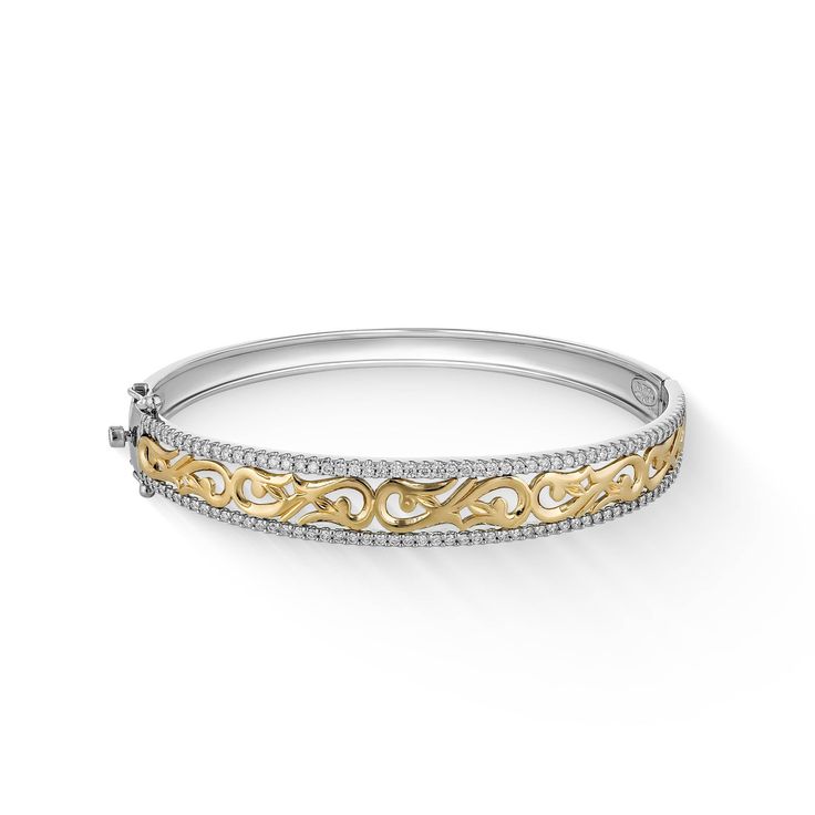 40802 - 14K White Gold and 14K Yellow Gold - Nalani Hinged Bangle Yellow Gold Diamond Bangle Bracelet Hallmarked, Classic Gold Bangle Bracelet With Intricate Design, Classic Gold Bangle With Intricate Design, Exquisite Yellow Gold Bangle For Anniversary, 14k Gold Bracelets With Intricate Design For Anniversary, Anniversary 14k Gold Bracelets With Intricate Design, 14k Gold Bangle With Intricate Design For Anniversary, 14k Gold Bangle Bracelet With Intricate Design, Formal Diamond Bangle Bracelet