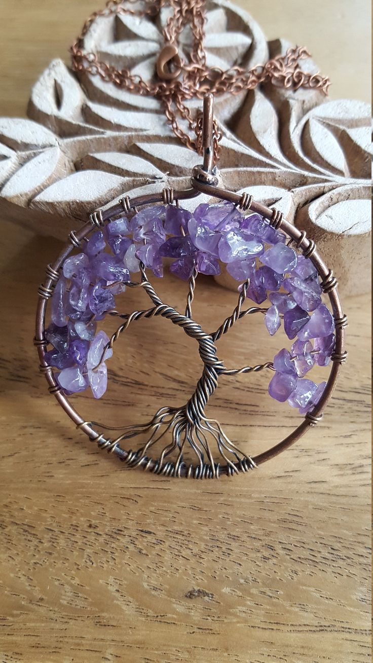 "Tree of Life Pendant~Wire Wrapped Pendant Brass & Copper~Purple Amethyst Gemstone~Tree Pendant~Boho Necklace~Handmade Jewelry~18 inch Copper Chain with 2\" Extender~JewelsandMetals. Pretty handmade tree of life pendant! Size: Pendant is 2.5 inches Long x 2 inches Wide Chain is 18 inches Long with a 2 inch extender" Tree Of Life Necklace Diy, Purple Amethyst Bohemian Necklace, Bohemian Amethyst Necklace In Purple, Bohemian Amethyst Purple Necklace, Bohemian Purple Amethyst Necklace, Spiritual Lavender Wire Wrapped Necklaces, Handmade Purple Bohemian Necklaces, Bohemian Lavender Gemstone Crystal Necklace, Purple Handmade Bohemian Necklaces