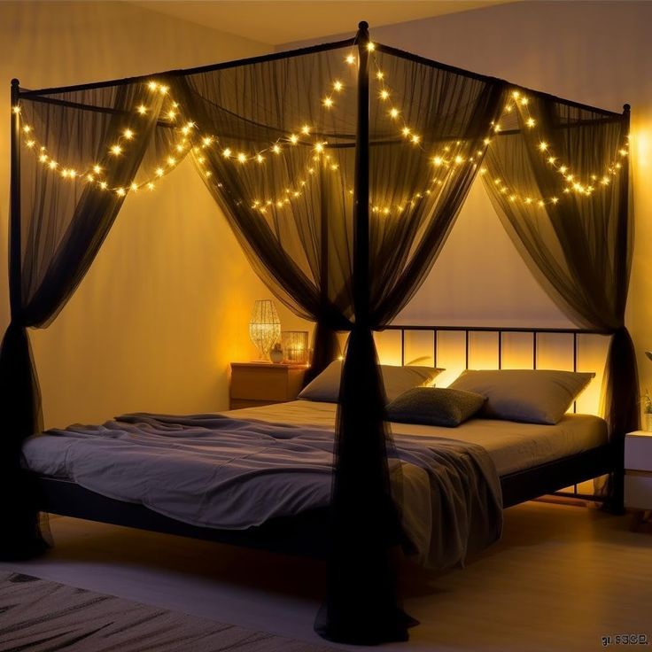 a bed with some lights on it in a room