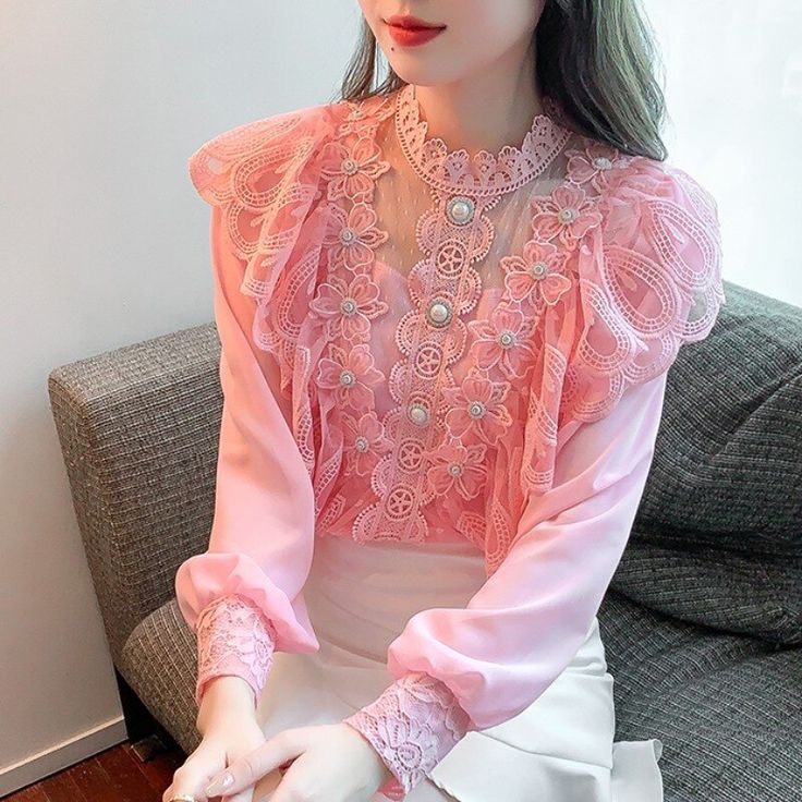 Size Shoulder Bust Length Sleeve cm cm cm cm S 35 82 55 55 M 36 86 56 56 L 37 90 57 57 XL 38 94 58 58 Note: 1.Measure error within 1-3cm is normal 2.This is Asian size, it is usually smaller than Europe's size , please check the above detailed measurement to choose the correct size before you order it. 3. As different computers display a different color, the color of the actual item may vary slightly from the images. Product Description: · 100% Brand New The product make by our factory .Good qua Crochet Ruffles, Summer Bodycon Dresses, Ladies Chiffon Shirts, Crochet Ruffle, Embroidery Top, Ladies Tops, Chiffon Long Sleeve, Women Long Sleeve Tops, Embroidery Fashion