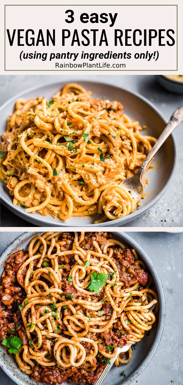 three pictures showing the steps to make vegan pasta in one bowl, and then using pantry ingredients only