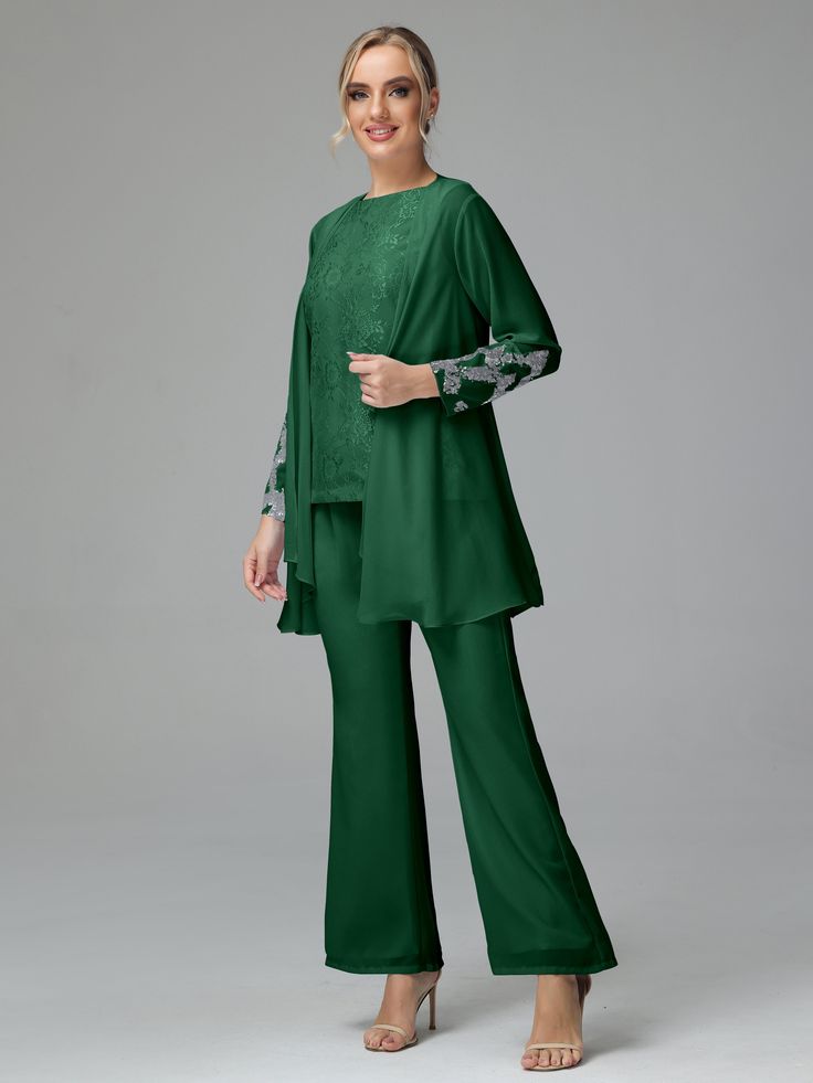 Details:      Fabric: Chiffon; Lace  Neckline: Round Neck  Sleeve Length: Long Sleeves  Embellishment: Sequins  Dress Length: Floor Length   Available in full size range (US0-US30) and in   custom size Fitted Chiffon Long Sleeve Sets, Fitted Chiffon Set With Long Sleeves, Green Georgette Evening Sets, Evening Green Georgette Sets, Spring Chiffon Sets For Wedding Guests, Formal Sheer Chiffon Sets, Spring Wedding Pant Set In Georgette, Long Sleeve Georgette Pant Set For Wedding, Fitted Elegant Georgette Pant Set