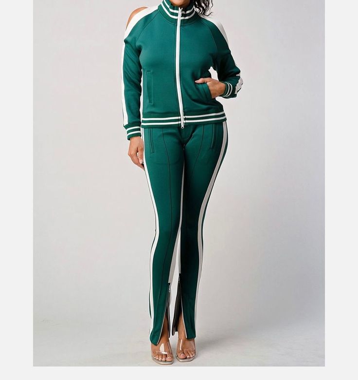 "Two piece green with white Stripe Tracksuit, 2 piece set Tracksuit Women, Street wear Comfortable Set, Casual Set Party Outfits for Women 💕This green tracksuit with a white stripe is an excellent choice for those who value versatility and have a particular color preference.  If you love a versatile tracksuit and prefer a color palette this one is for you! If you're a fan of multi-functional tracksuits and have a preference for specific color combinations, then this green tracksuit with a white Casual Fitted Green Sets, Sporty Long Sleeve Summer Sets, Sporty Long Sleeve Sets For Summer, Green Two-piece Bottoms, White Stretch Two-piece Set, Green Sporty Loungewear Sets, Green Long Sleeve Sporty Sets, Green Fitted Two-piece Bottoms, White Stretch Matching Sets