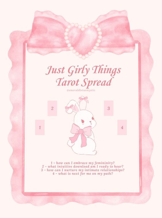 a pink card with an image of a bunny on it's back and the words just girly things tarot spread below